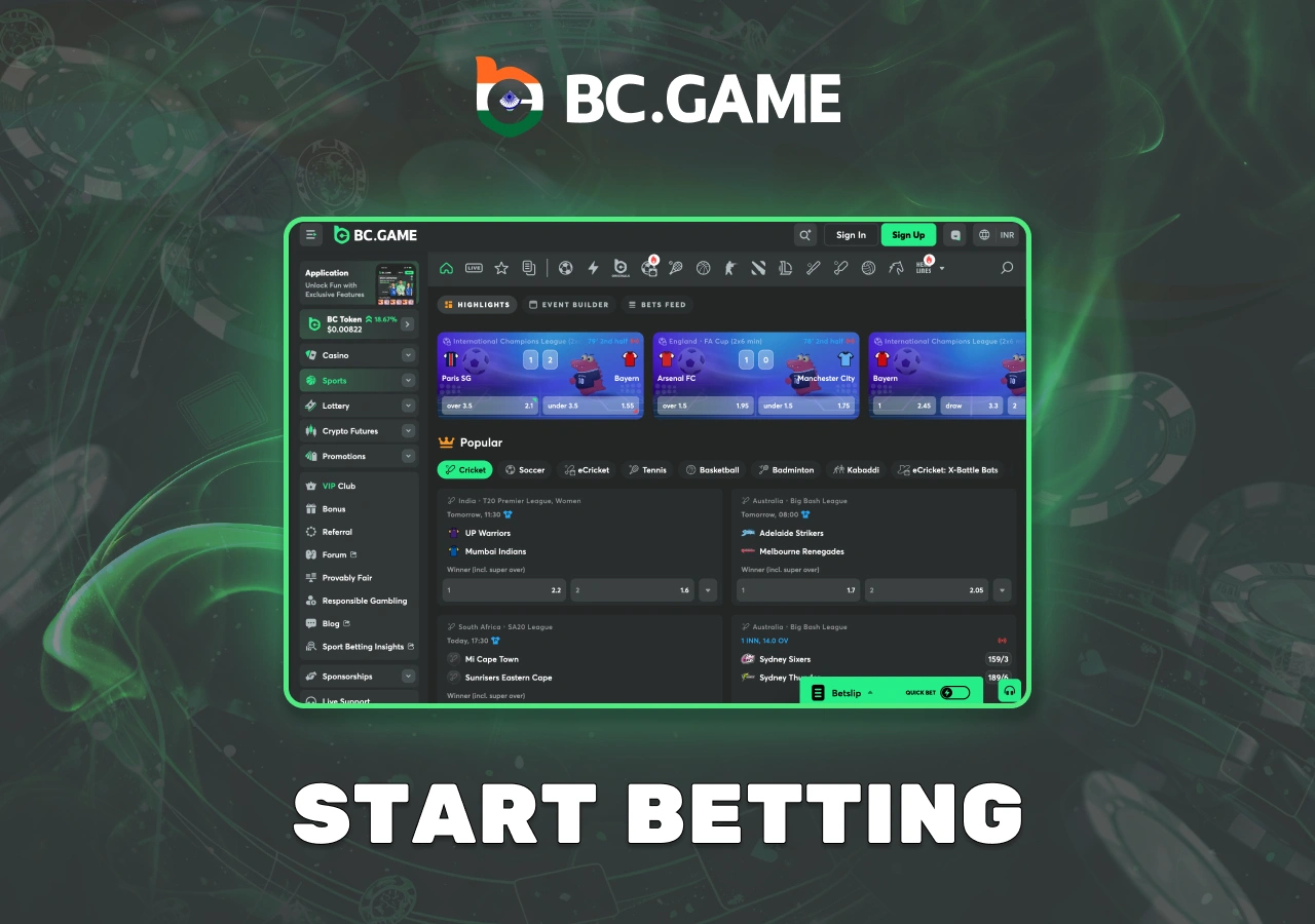 Betting on tournaments or leagues in BC Game India
